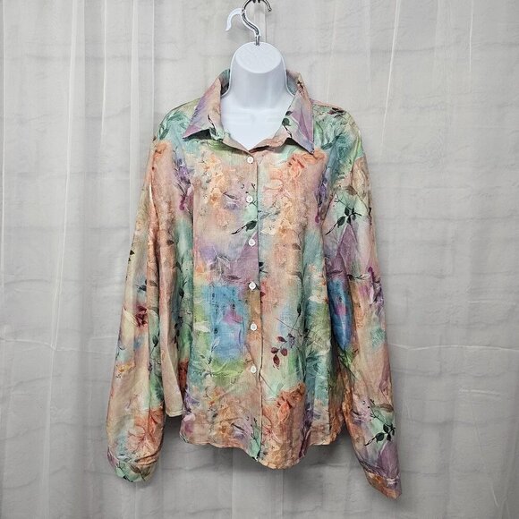 Peach Multi-Color Floral Watercolor Button Down Blouse Boho 4XL - Picture 12 of 12